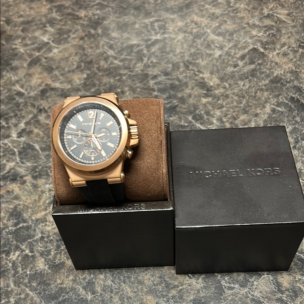 Michael Kors Black Silicone Rubber band with bronze / gold chronograph watch